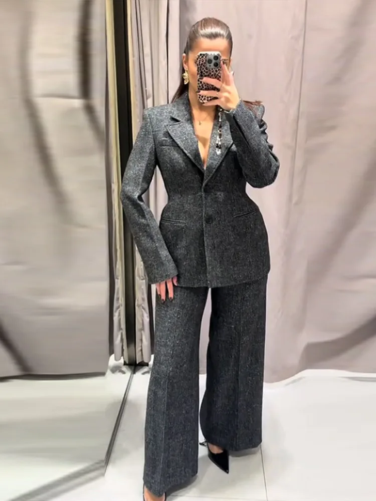 

Long Sleeve Jacket Wide Leg Trousers Suits Winter Elegant Office Woolen Blazer Coat Pants Sets Women 2 Pieces Single Breasted