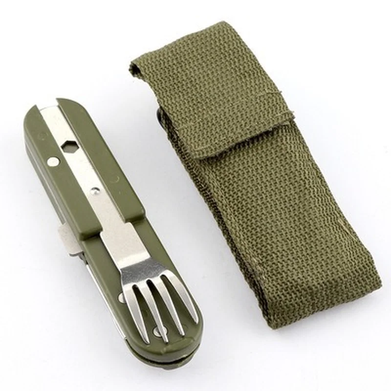 Army Green Folding Portable Stainless Steel Camping Picnic Cutlery Knife Fork Spoon Bottle Opener Flatware Tableware Travel Kit