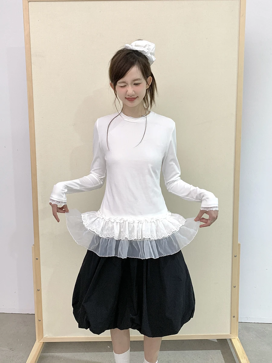 

Romance Nanci Women's Long Sve T-irt Lace Trim Layering Base irt Casual Sle Floral Print Cotton Blend Autumn Wear