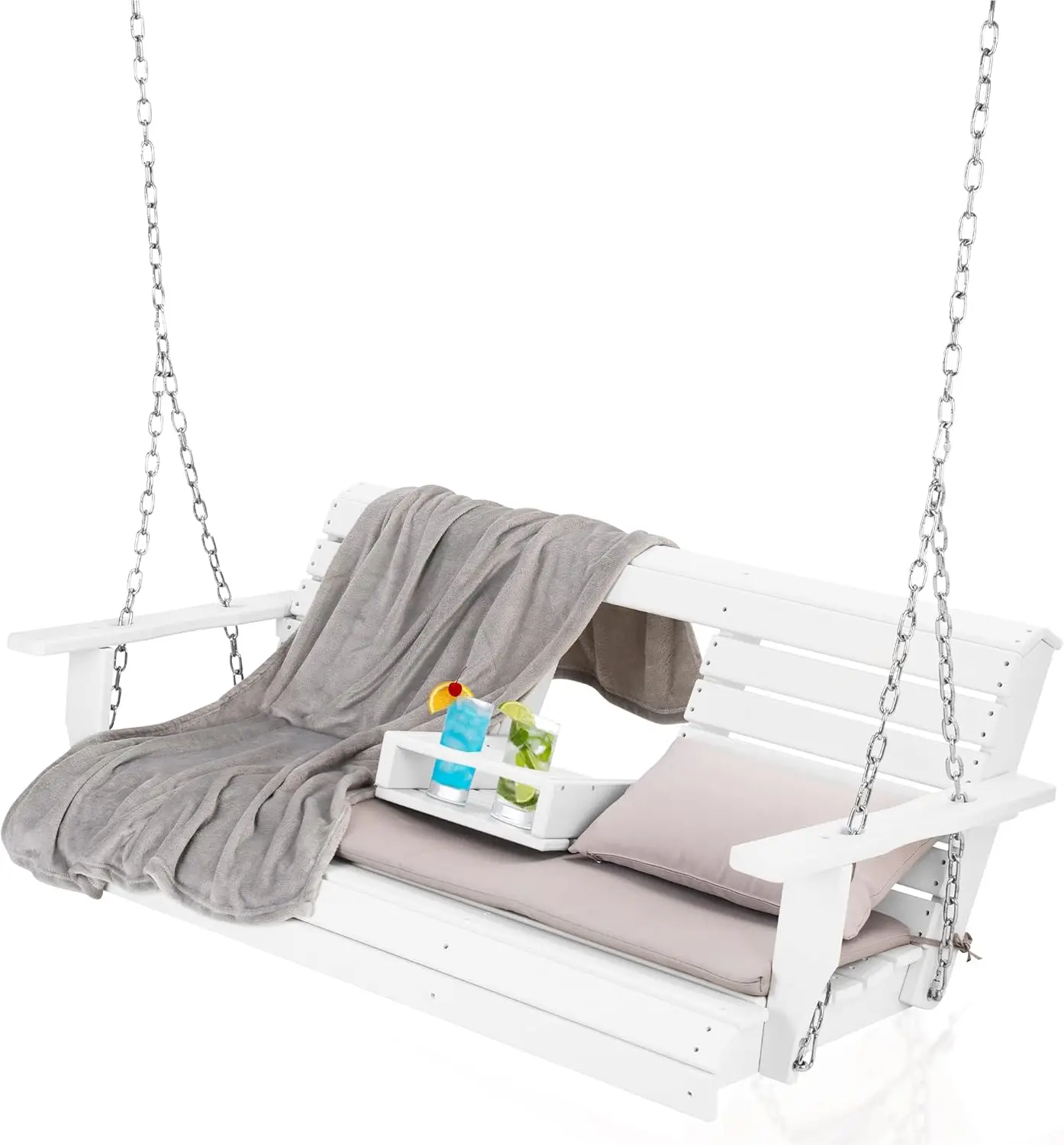 

Heavy Duty Poly Lumber HDPE Porch Swing with Mounting Kit and Accessories Outdoor Hanging Chair with Cup Holders Swinging Bench