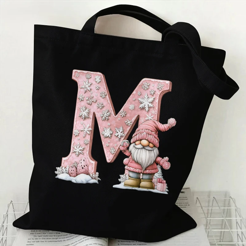 Santa Claus 26 Alphabet A-Z Print Canvas Bag for Women Handheld Bag Fashion Christmas Daily Shopping Crossbody Shoulder Tote Bag