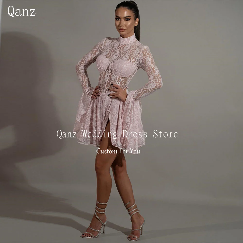 

Qanz Chic Lace Prom Dresses Pink Long Sleeves High Neck Vestidos De Graduación Short A Line See Through Party Dresses Women