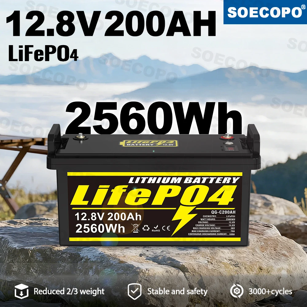 

SOECOPO 12,8 В 200 Ач LiFePO4 аккумуляторная батарея 2560 Втч для хранения глубокого цикла для комплекта солнечной панели RV Camping Off-Grid