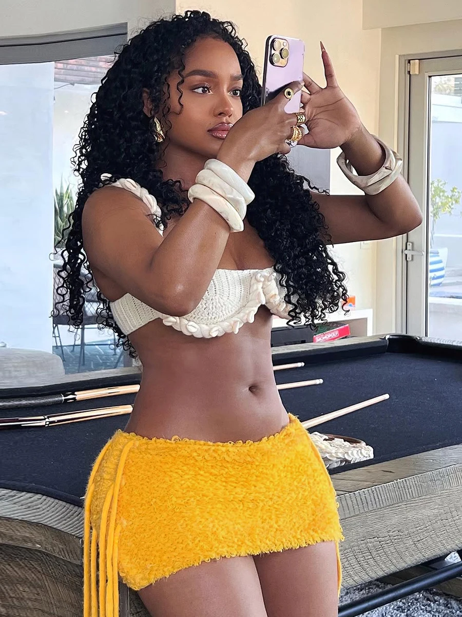 Weird Puss Yellow Tassel Furry f Skirt Women's Slim Fit Butt Covering Skirt Street Sle Low Waist Polyester Spandex Blend