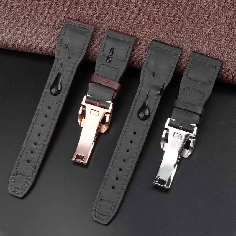 For IWC PILOT Cowhide Strap 21mm 22mm Genuine Leather Watch Band Rivets Dark Brown Black Blue Men Watchband Accessories