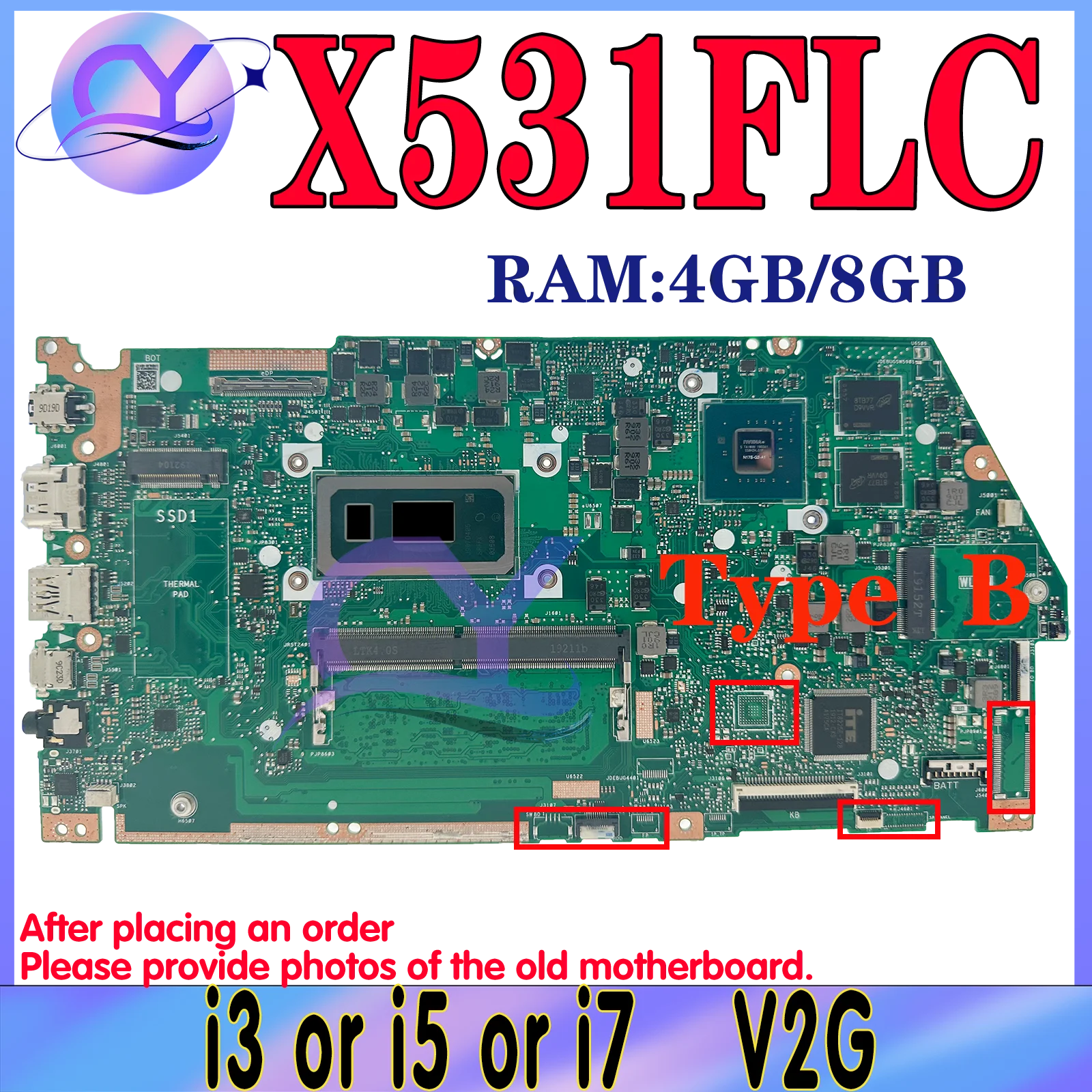 เมนบอร์ด X532FL X532FLC สำหรับ ASUS X531FL X532F X531F S531F K531F V531F ที่ S532F มาพร้อมกับเมนบอร์ดแล็ปท็อป V532F K532F I3 I5 I7 8/10th