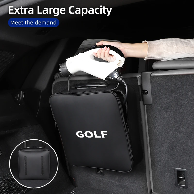 

New Energy Vehicle Charging Gun Storage Pouch Waterproof Leather Car Organizer Bag For VW Golf Polo Tiguan T5 Passat b6 Jetta