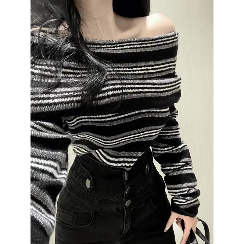 

Y2k Streetwear Striped Off Shoulder Sweater Women Vintage Slim Coquette Long Sleeve Knit Top 2000s Harajuku Sexy Jumper