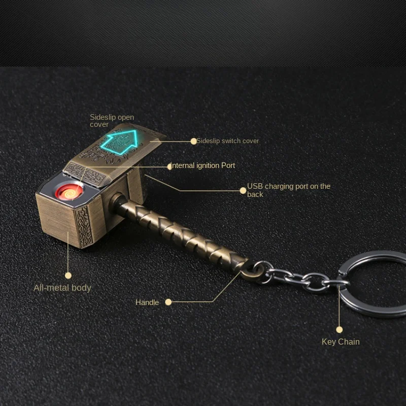 Creative and Interesting Windproof USB Electric Rechargeable Lighter Thor Hammer Zinc Alloy Flameless Keychain Lighter Mens Gift