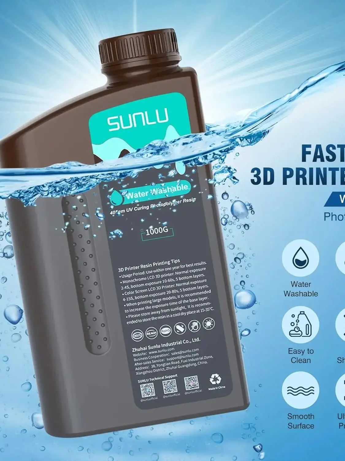 SUNLU 4KG Żywica 3D przypominająca ABS / Standardowa / Do mycia wodą, 405nm Żywica UV do większości drukarek 3D SLA/DLP/LCD, Materiał czuły na UV, 1kg — zdjęcie produktu 7