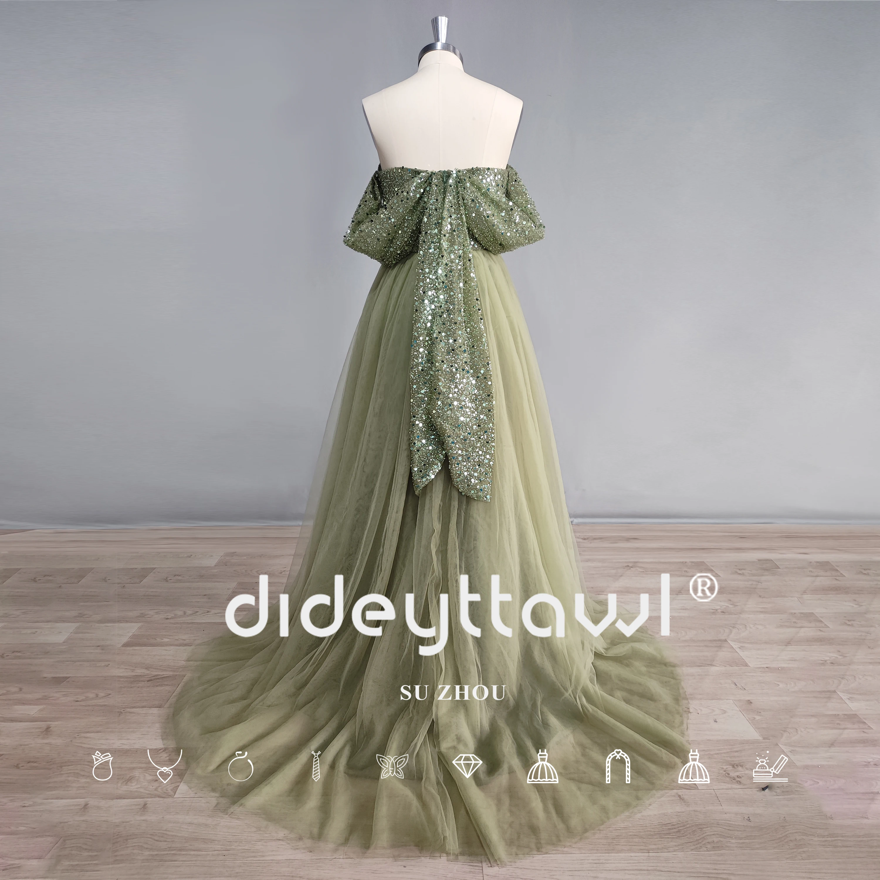 DIDEYTTAWL Real Photos Shiny Beaded Sequins Tulle Green Sweetheart Prom Dress A-Line Off Shoulder Backless Evening Gown 2023