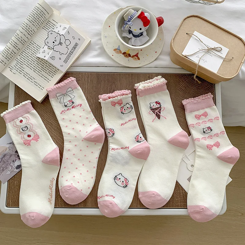 

5 Pairs For Kitty Mid-Calf Socks New Cartoon Kawaii Socks for Girls Autumn Cotton Socks Student Striped Lace Pile Socks Gift