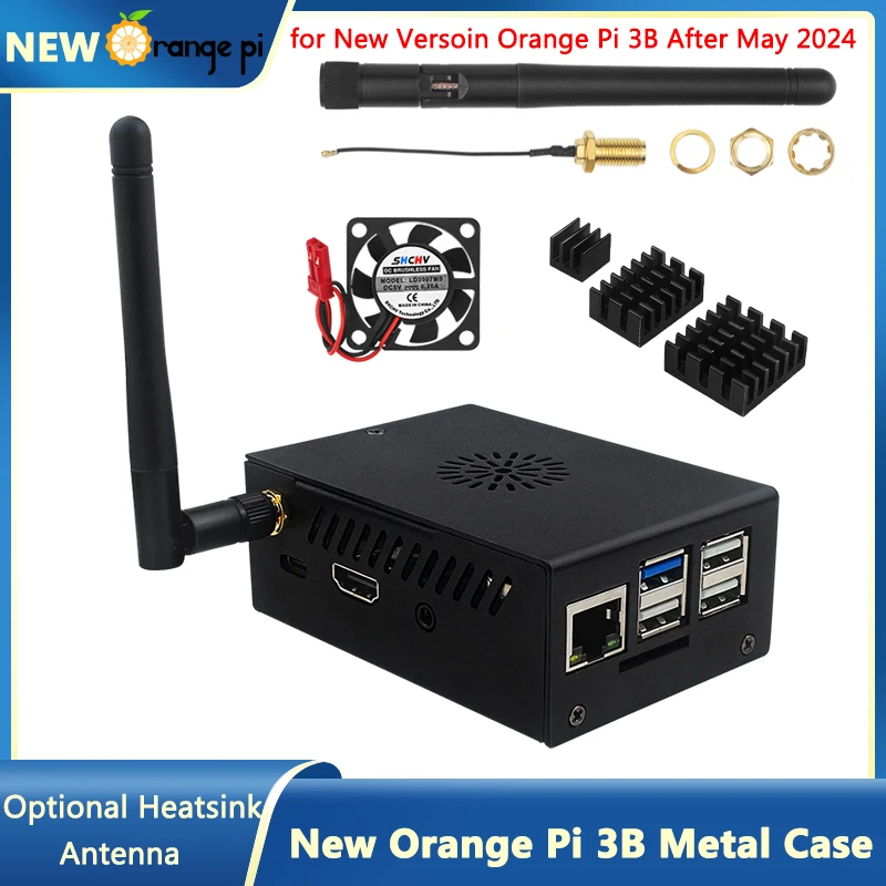 

New Orange Pi 3B Metal Case Black Aluminum Shell with Cooling Fan Optional Antenna for New Versoin Orange Pi 3B After May 2024