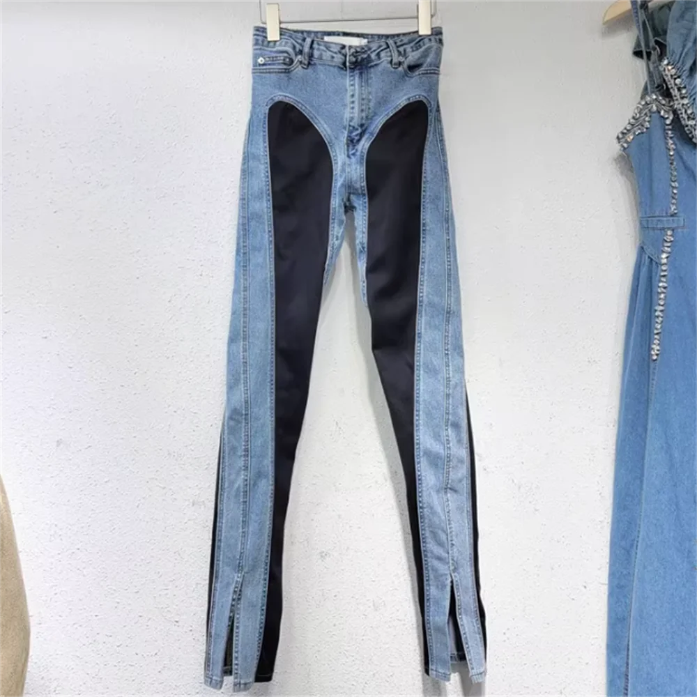 

Spliced jeans new slim thin high waist forked trousers legging denim