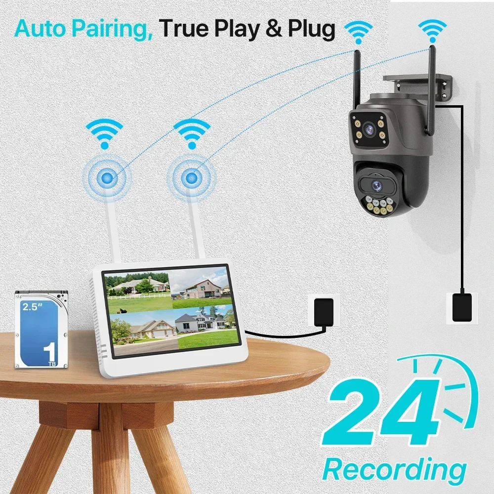 Wireless CCTV Camera System 5MP 8CH WiFi NVR Recorder with 7 Inch LCD Monitor Motion Detection Remote Access Home Security Kit