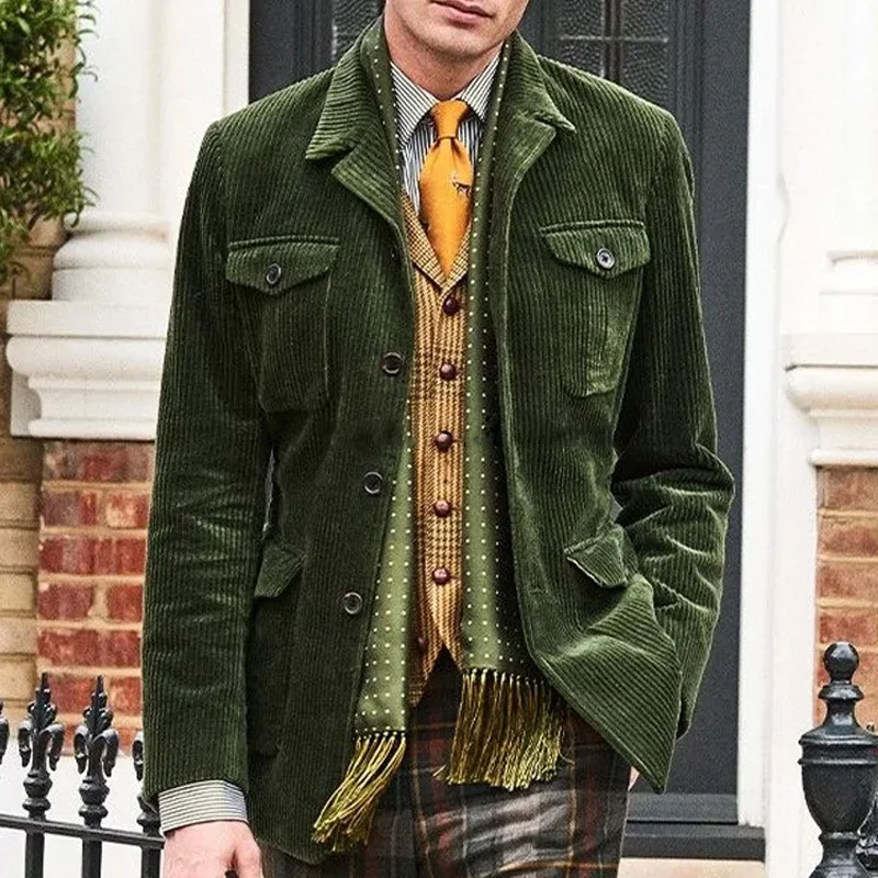 

Men's Corduroy Casual Suit Jackets Lapel Men Social Coat Single-breasted Four Buttoned Pockets Fashion Urban Blazers Suits