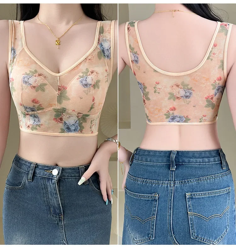 Sujetador de talla grande con copas fijas, inalámbrico, transpirable, fino, estilo chaleco de una pieza para personas de mediana edad y mayores.