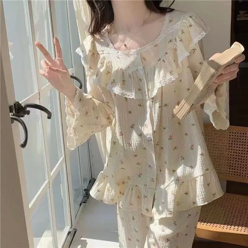 Floral Sleepwear Women Pajama Sets Ruffles Piiama Long Sleeve Pants Sets 2 Pieces Lace Night Wears Korean Autumn Home Suit New