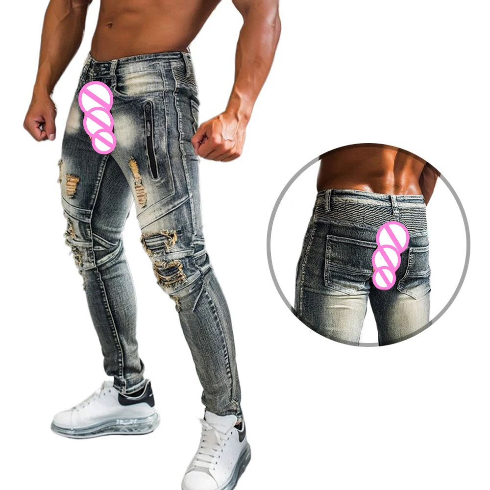 

Exoticism Men's Jeans Comfortable Breathable Casual Denim Trousers Invisible Open Crotch Outdoor Sex Ripped Stitching Pants Slim