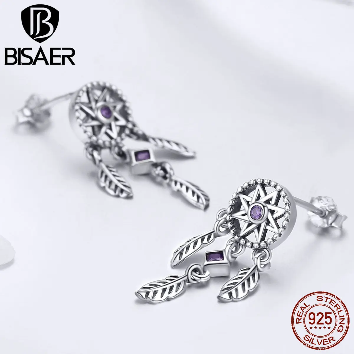 BISAER Hot Sale 925 Sterling Silver Dream Catcher Stud Earrings For Women Vintage Feathers Fashion Earrings Jewelry ECE502 image 4