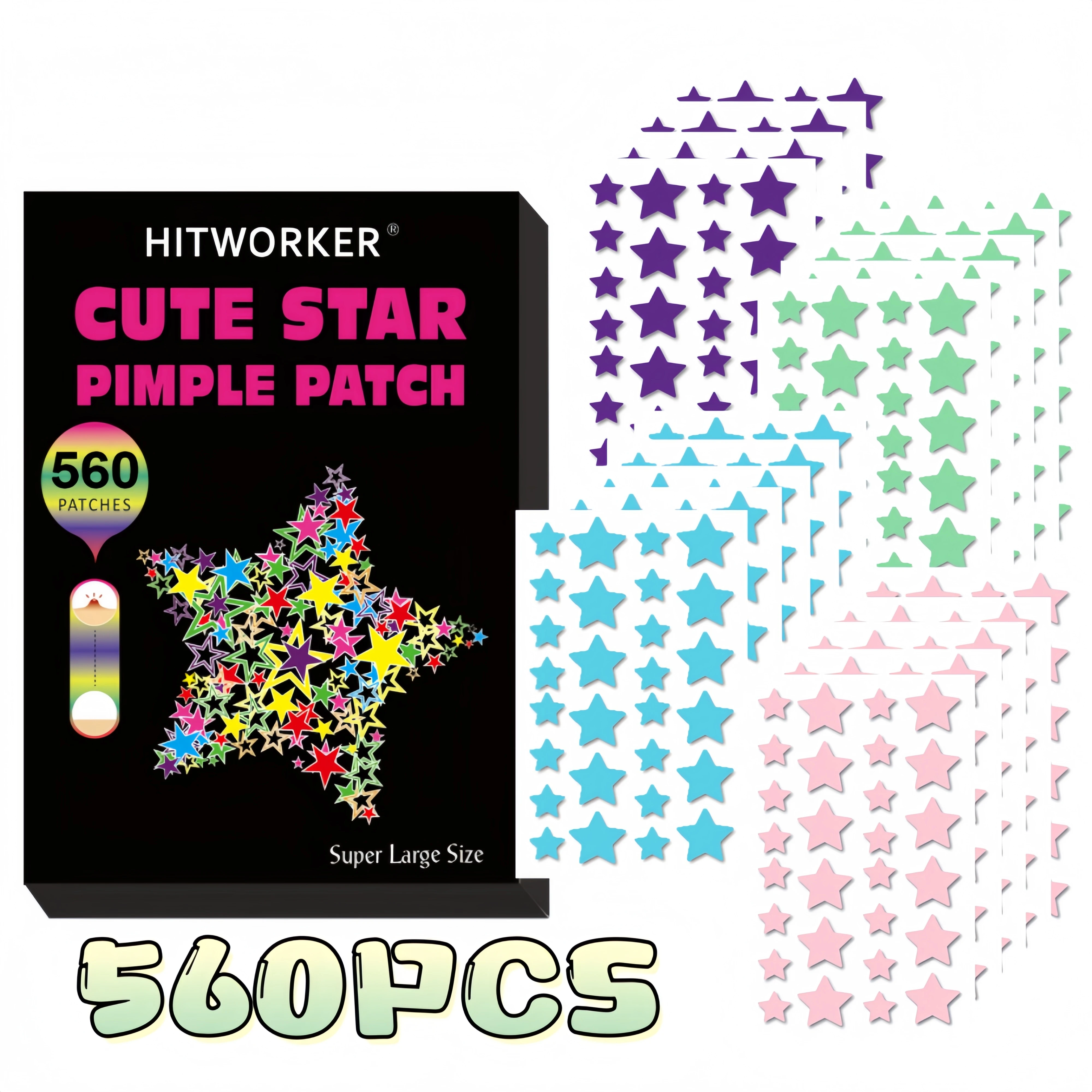 560 star shaped acne patches per box, alcohol free and fragrance free, gentle and effective, used to remove acne and blemishes