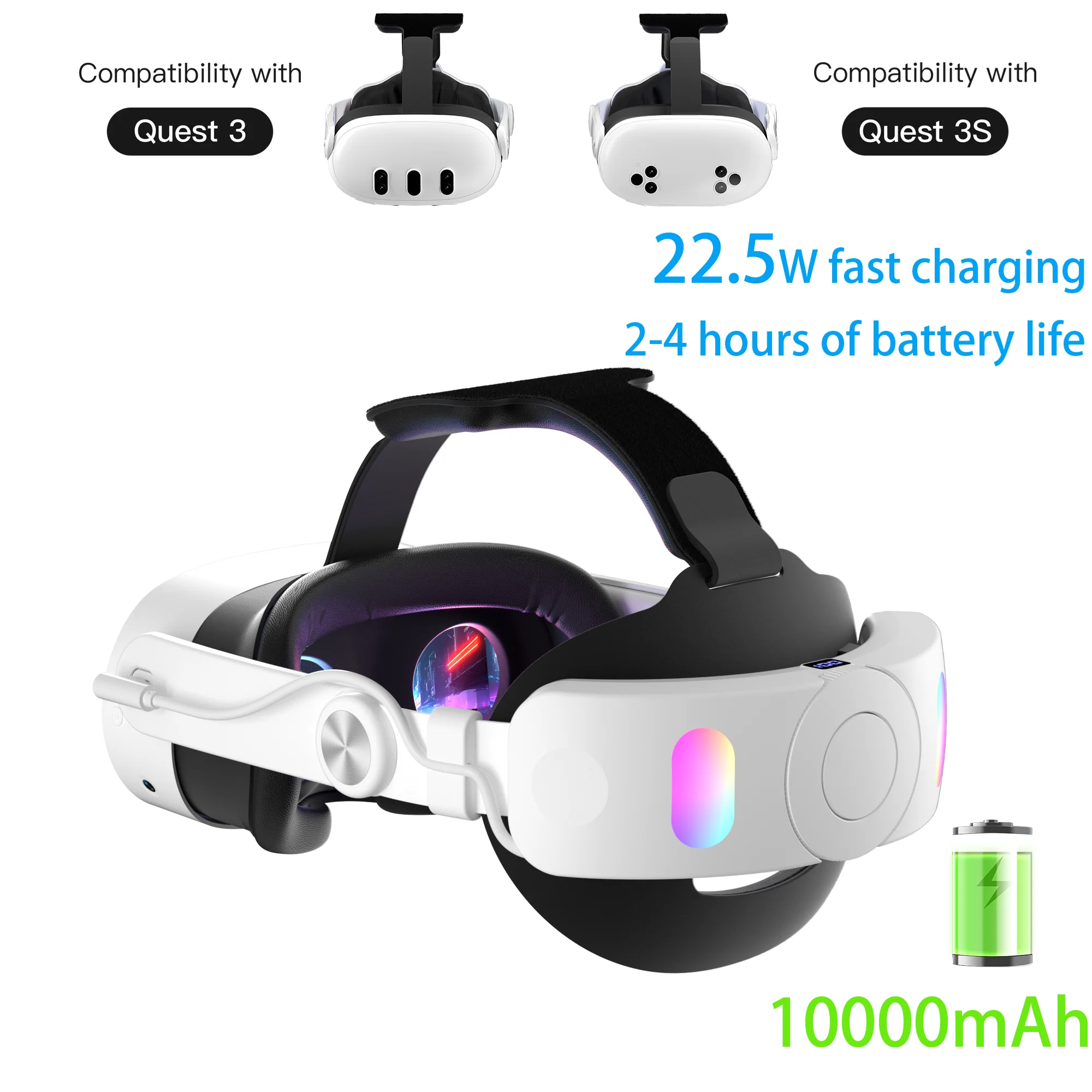 

Ремешок на голову WolMTT Meta Quest 3/3S, регулируемые аксессуары Quest VR для улучшения комфорта, 10000 мАч, продлевает время игры за 4 часа.