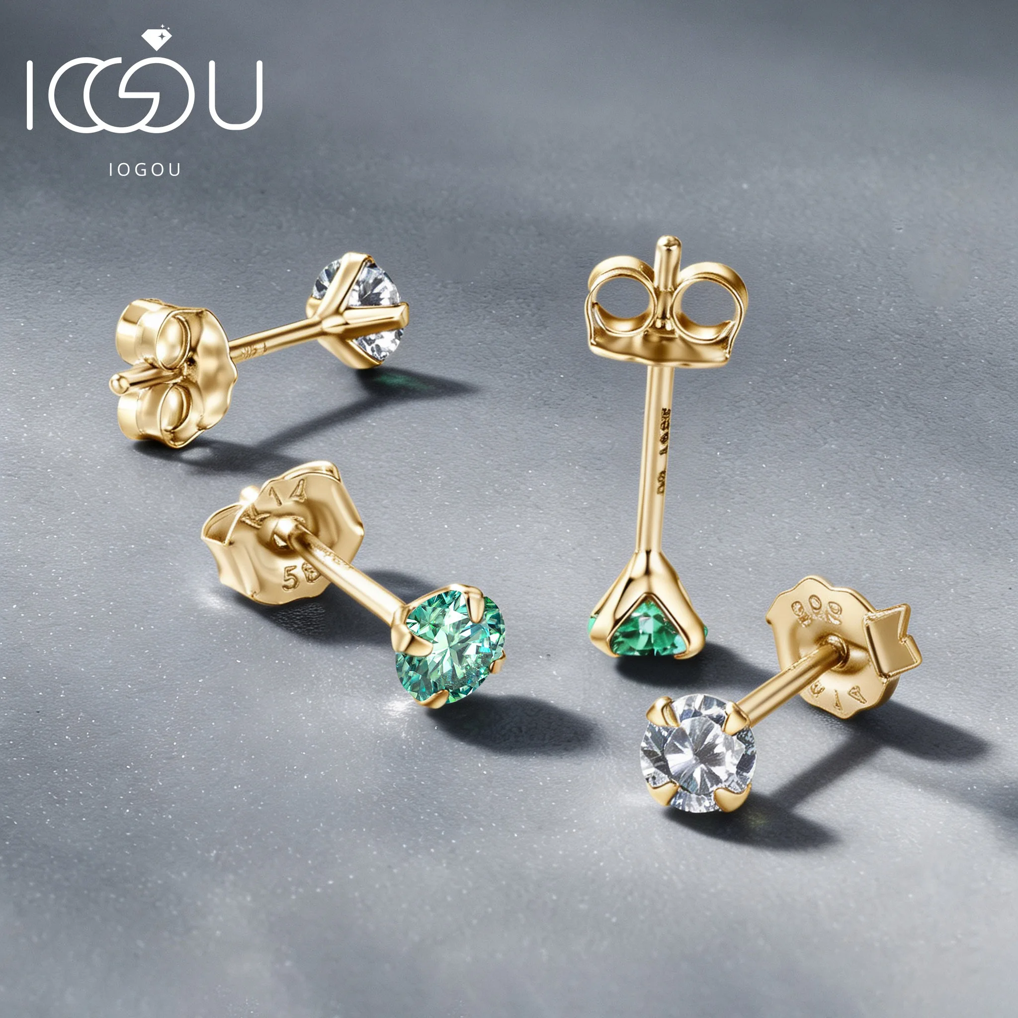 IOGOU Echt 14K Gold Ohrringe Moissanit 3mm/4mm/5mm/6mm/6,5mm Ohrstecker für Frauen Männer Klassische Schmuck Grün Labor Daimond GRA