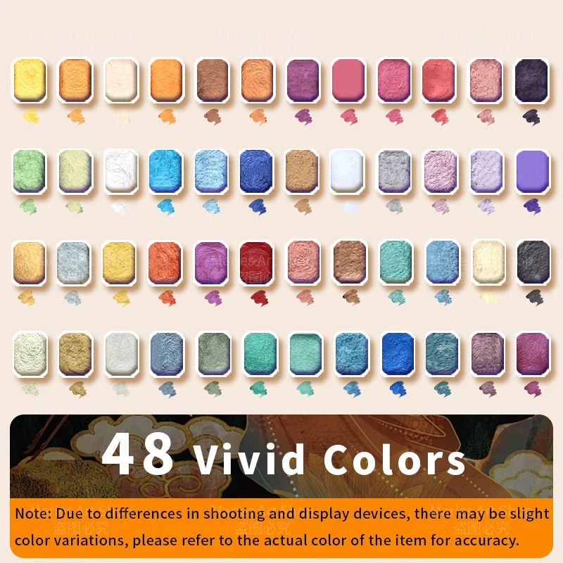 반짝이는 진주빛 48색 단색 수채화 물감 휴대용 상자에 세트, 그림, 쓰기, 장식, 예술가, 초보자용
