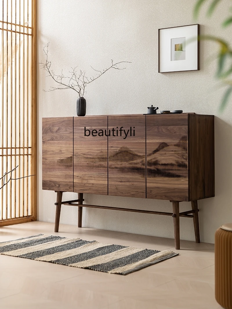 

Nordic Sideboard Cabinet Storage Black Walnut Solid Wood Silent Style Entrance Cabinet New Chinese Landscape Tea Cabinet