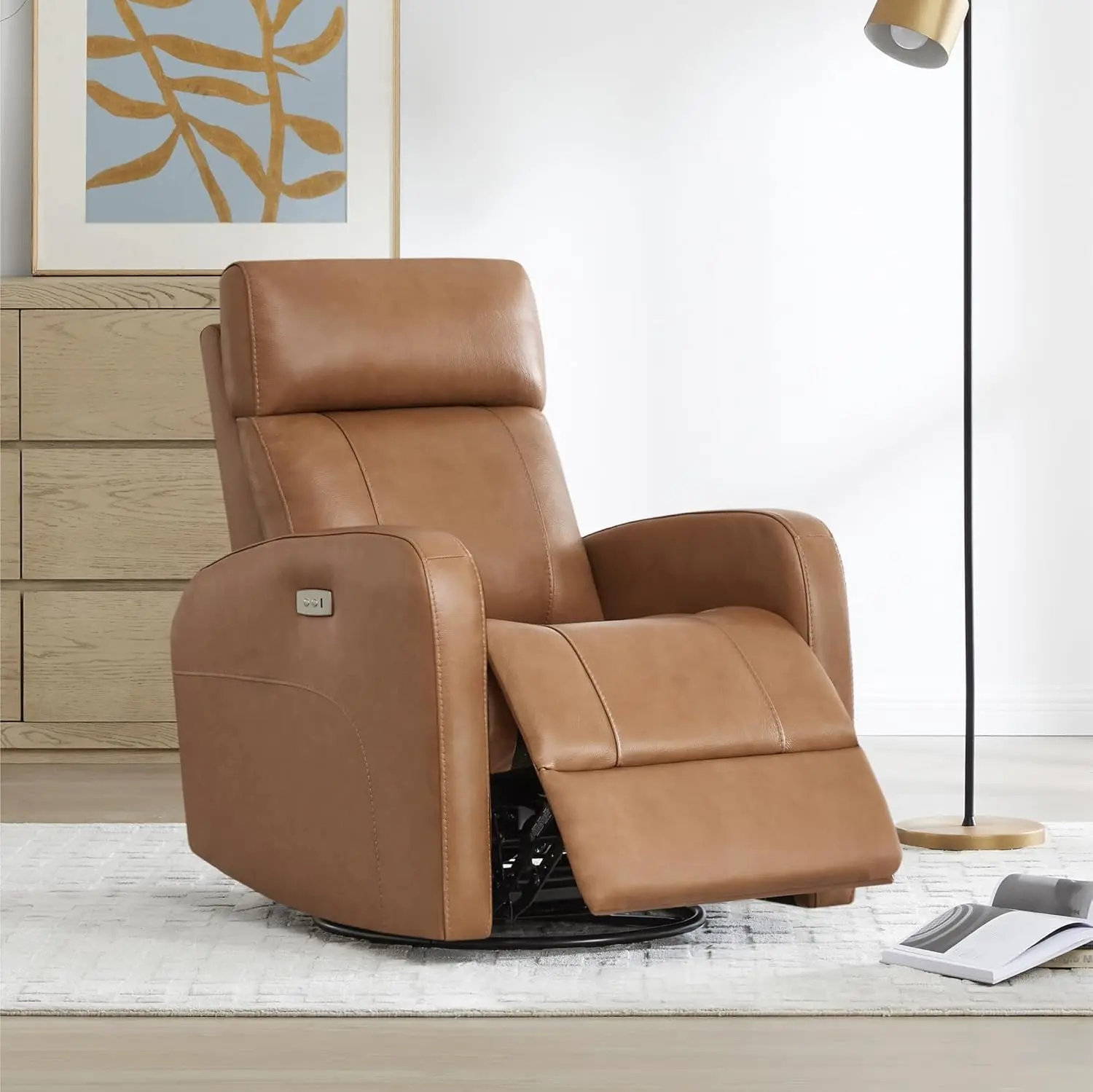 CHITA Genuine Leather Power Swivel Glider Recliner Chair,  Saddle Brown