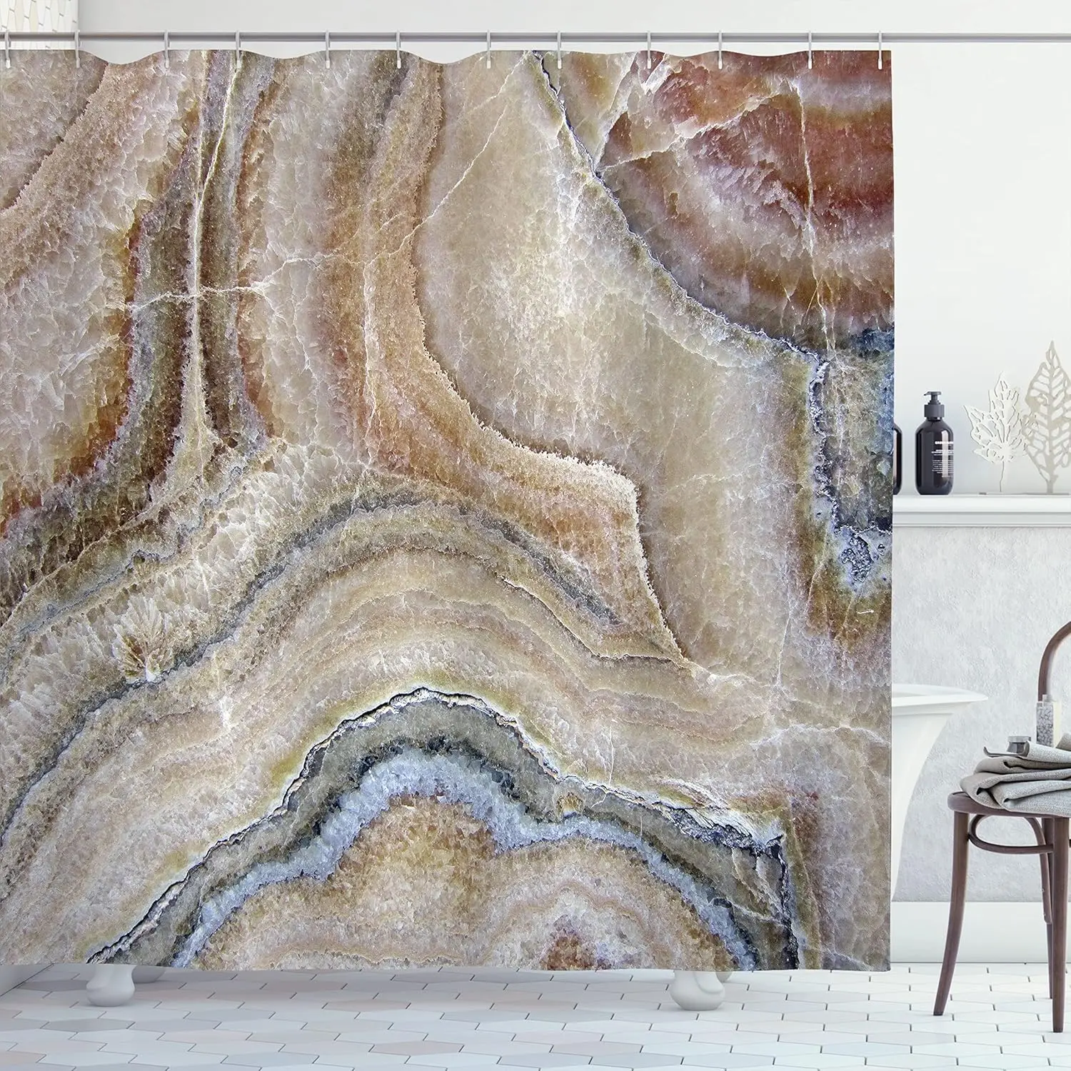 

Натуральный агат, каменный узор, занавеска для душа, земляной тон, декор для ванной комнаты, геометрический минеральный дизайн, роскошный спа-стиль, водонепроницаемая ванна
