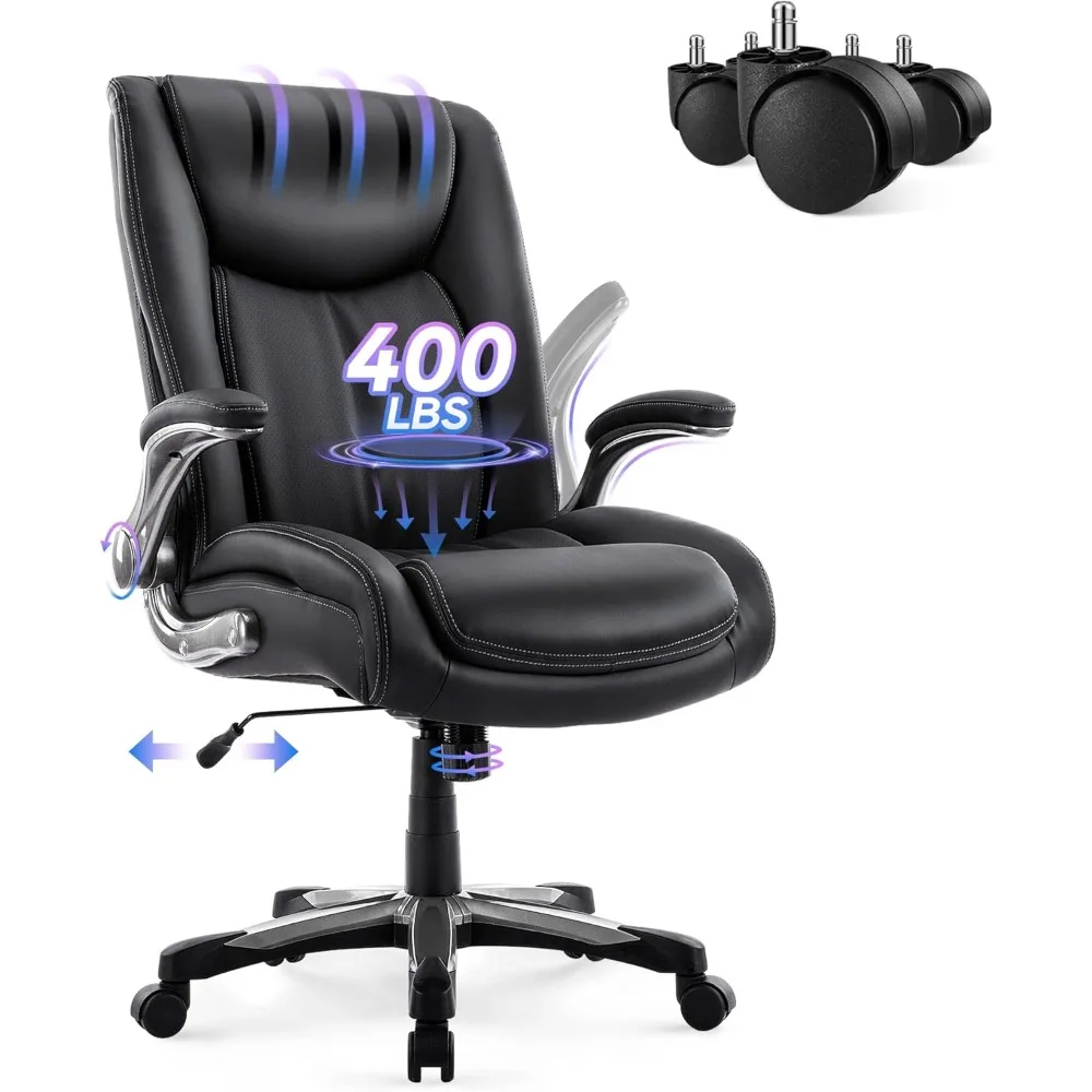 

High Back Executive Office Chair 400lbs, Large Heavy Duty Big and Tall Computer Office Desk Chair Flip-up Arms Wide Thick Seat
