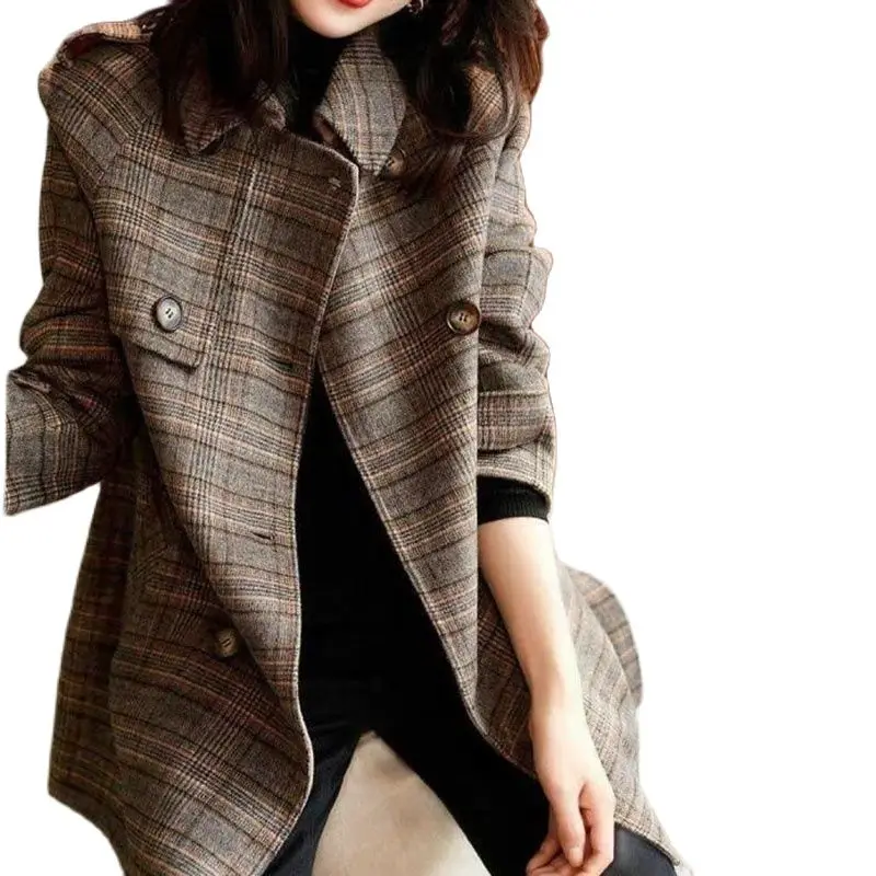 

2022 New Woolen Coat Female Retro Plaid Spring Autumn Outerwear Medium Long Double Breasted Women's Woolen Slim Fit Jackets