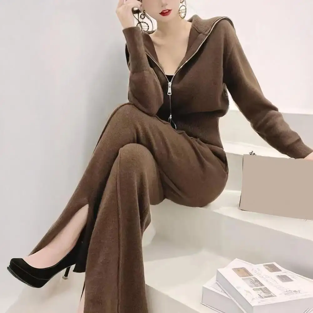 

Осенне-зимняя женская одежда, топ на молнии с длинными рукавами, комплект из 2 предметов, широкие брюки с высокой талией, тонкий повседневный спортивный костюм для отдыха