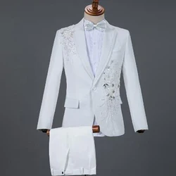 2-Piece Embroidered Diamond Suit White Mens Stand Collar/Lapel Men For Wedding Groom Tuxedo Prom Stage Suits (No Tie)