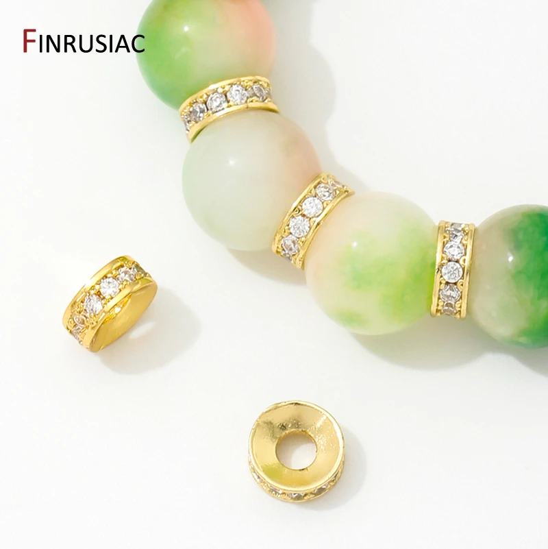 

18K Gold Plated Brass Round Inlaid Zircon Spacer Beads,Flat Beads Separator For Jewelry Making DIY Accessories