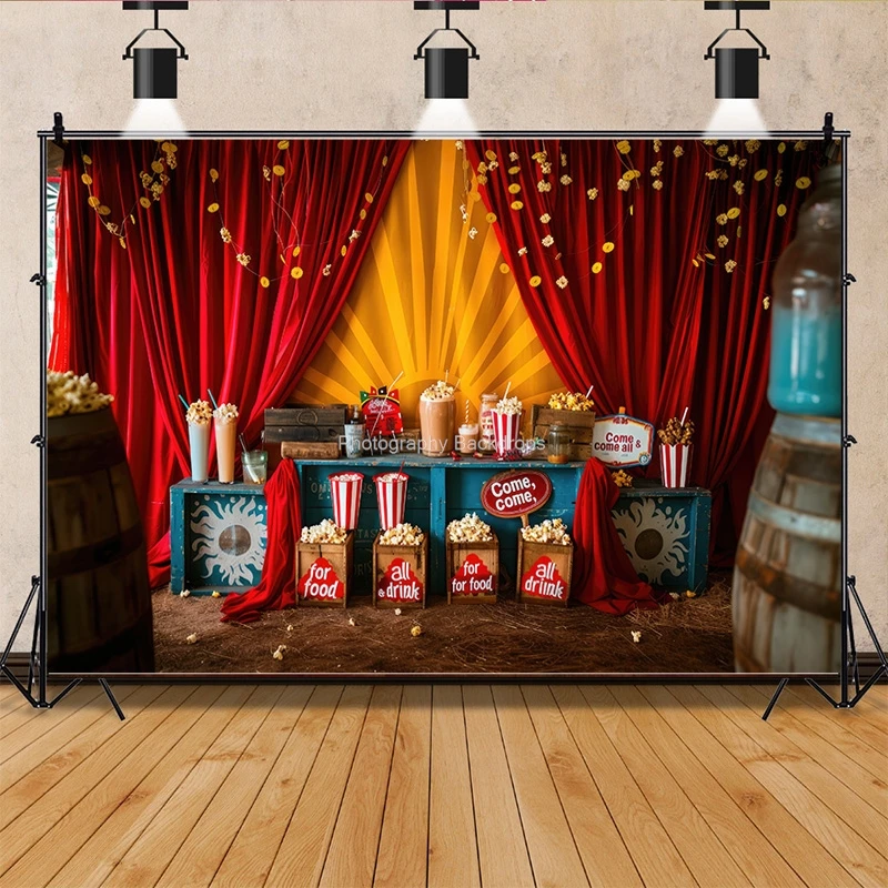 Circus Tent With Striped Canopy Popcorn Photography Backdrops Balloons Birthday Party Decor Animal Photo Studio Background SD-08