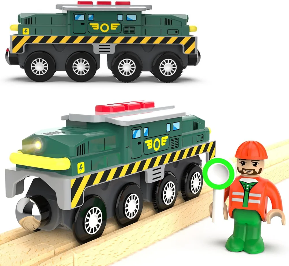 

TEMIKIDS Wooden Train Tracks, Green Tank Battery Operated Locomotive Train, Compatible with Thomas & Friends, Brio, Chuggington
