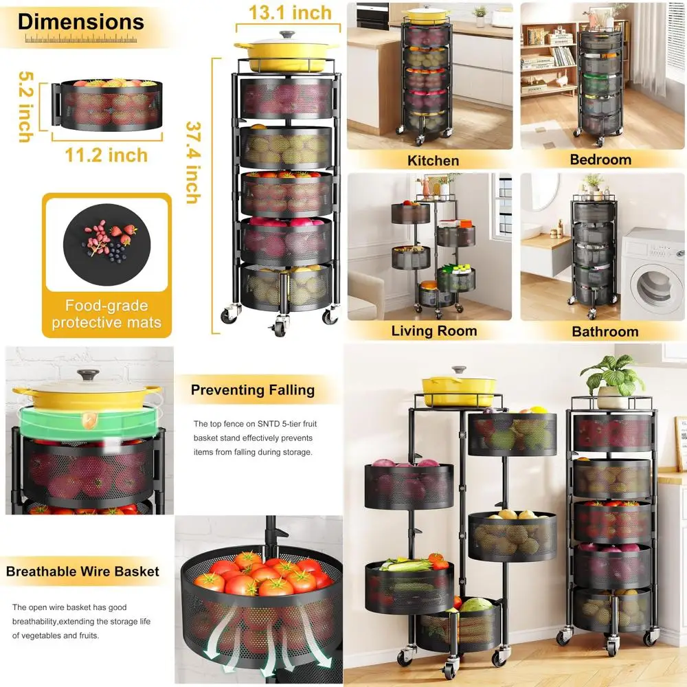 

5-Tier Rotating Kitchen Storage Cart with Metal Lid, Large Black Wire Basket for Fruits, Vegetables, Bread, and More