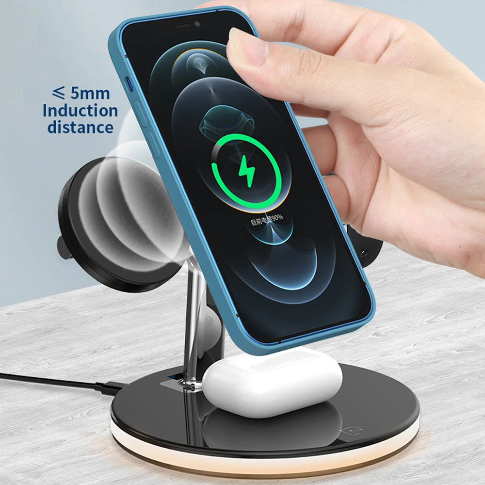 محطة شحن لاسلكية 3 في 1 لأجهزة Apple Mag-safe حامل شاحن مغناطيسي سريع لهاتف iPhone 16/15/14/13 Pro Max Series Watch Airp