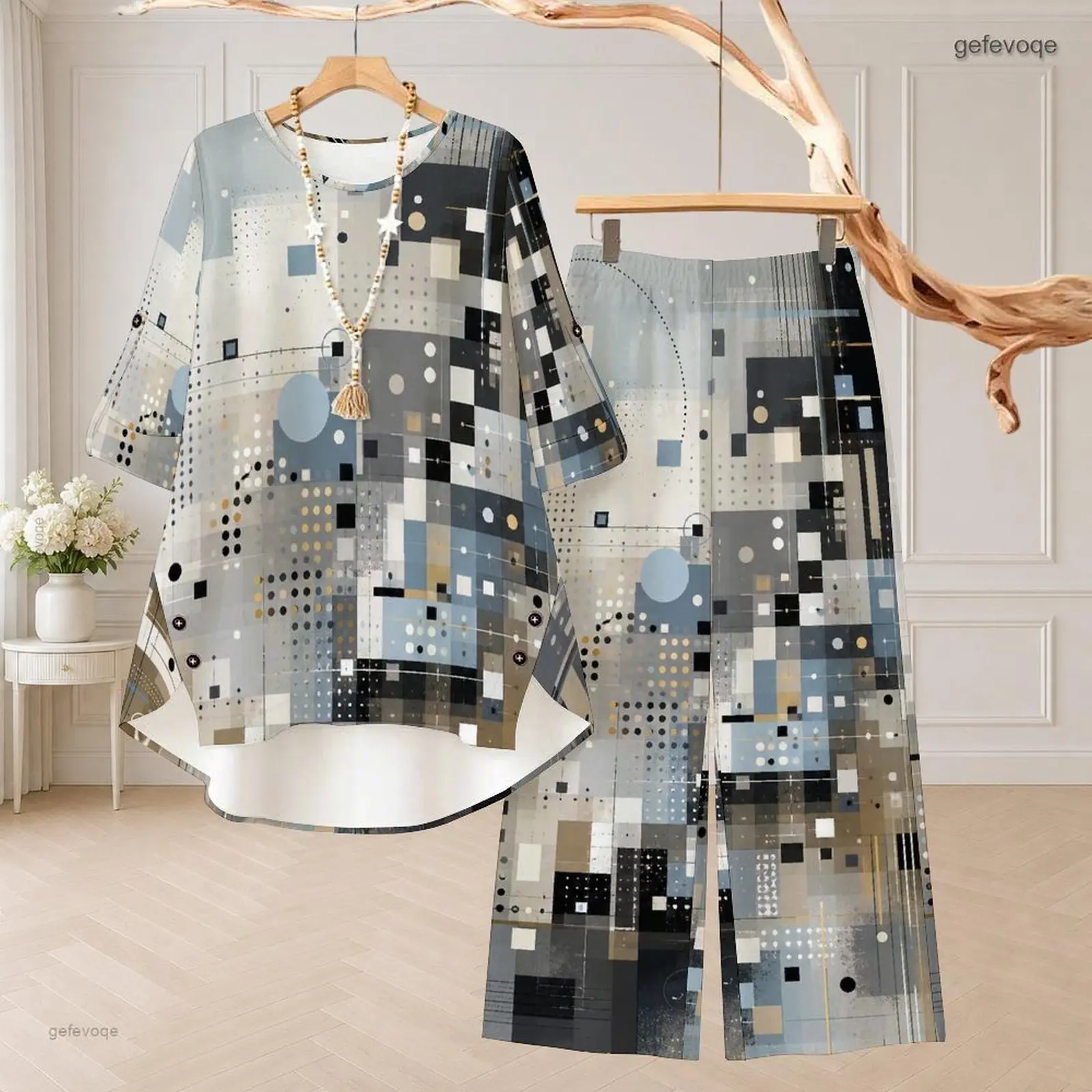 Women Horizontal Striped Print Round Neck 3/4 Sleeve High Low Top and Long Pants Two Piece Set