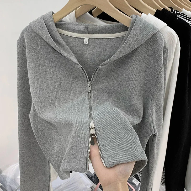 

Simple Autumn Winter Outerwear Casual Fashion Style Women's Cardigan Hooded Short Jacket Double Zipper Slimming Design