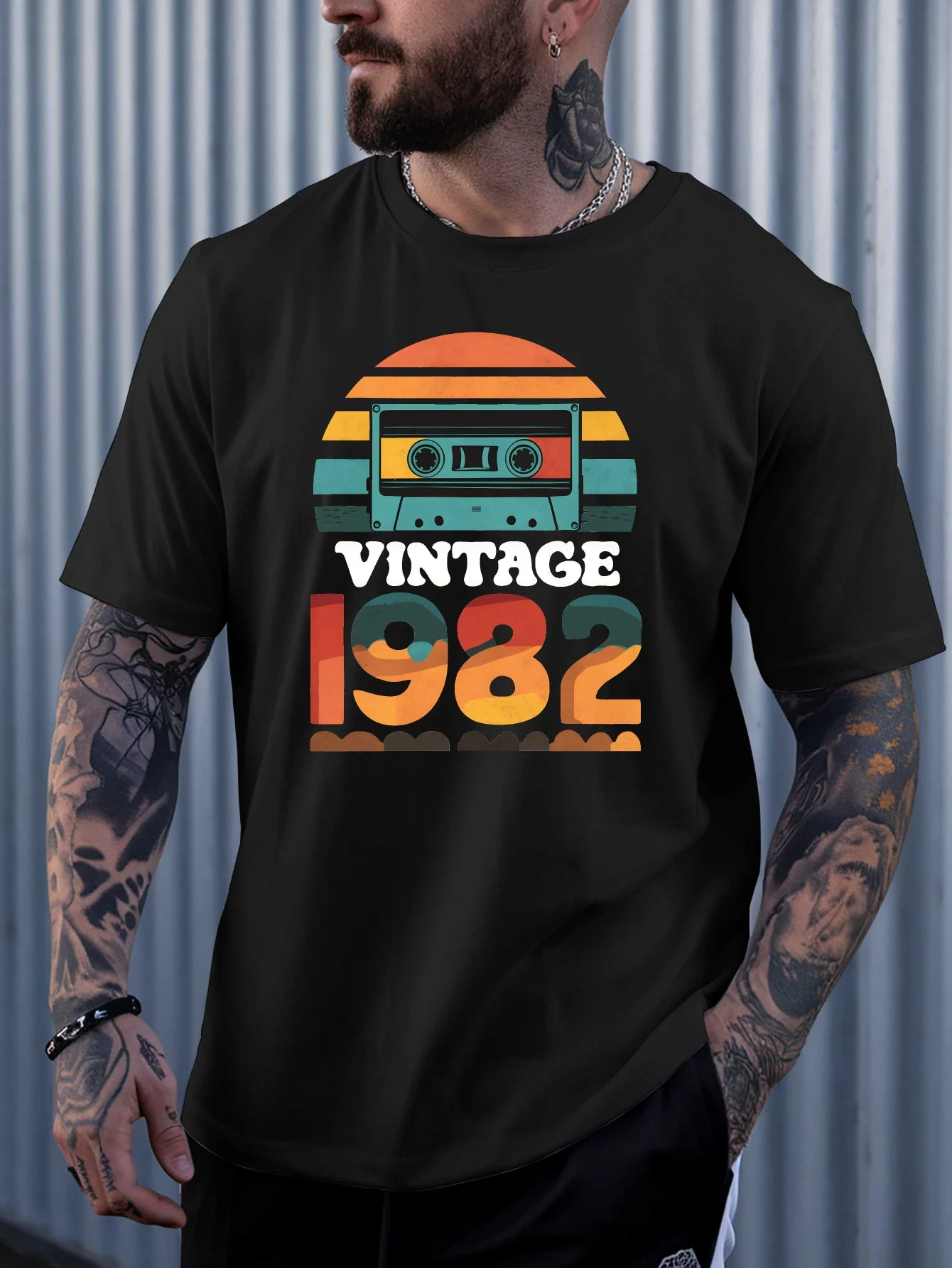 Vintage Cassette Tape 1982 Retro Sunset Graphic Mens T Shirt 80s Music Lover Short Sleeve Crew Neck Cotton Birthday Casual Tee
