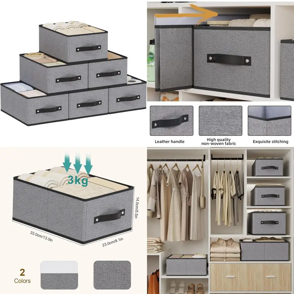 

Складные тканевые корзины для хранения с ручками, набор из 6 штук, 13x9x5.5, серые, для организации полок