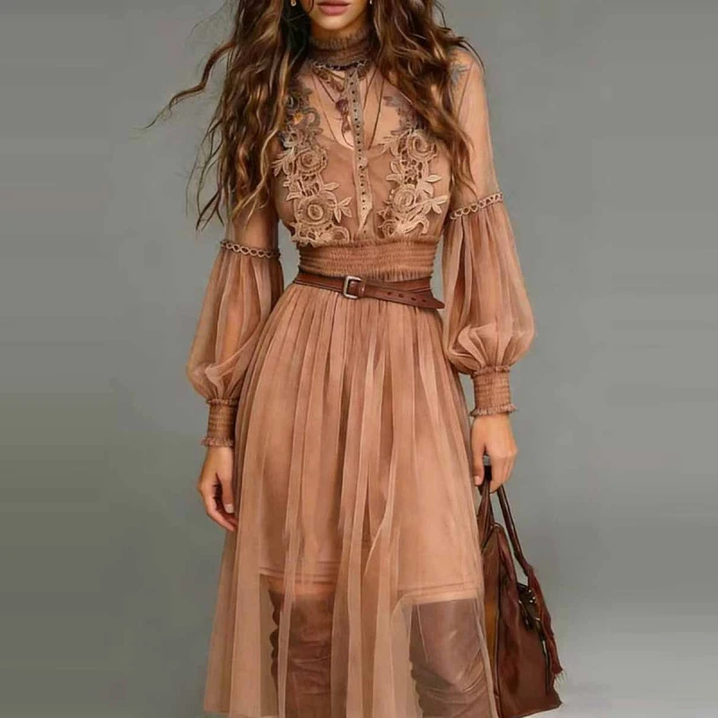 Frühling Sommer Mesh Einfarbiges Robenkleid Lässiges Langarm-Kleid mit Hoher Taille Urlaubskleid Damen Stehkragen Durchsichtiges Strandkleid