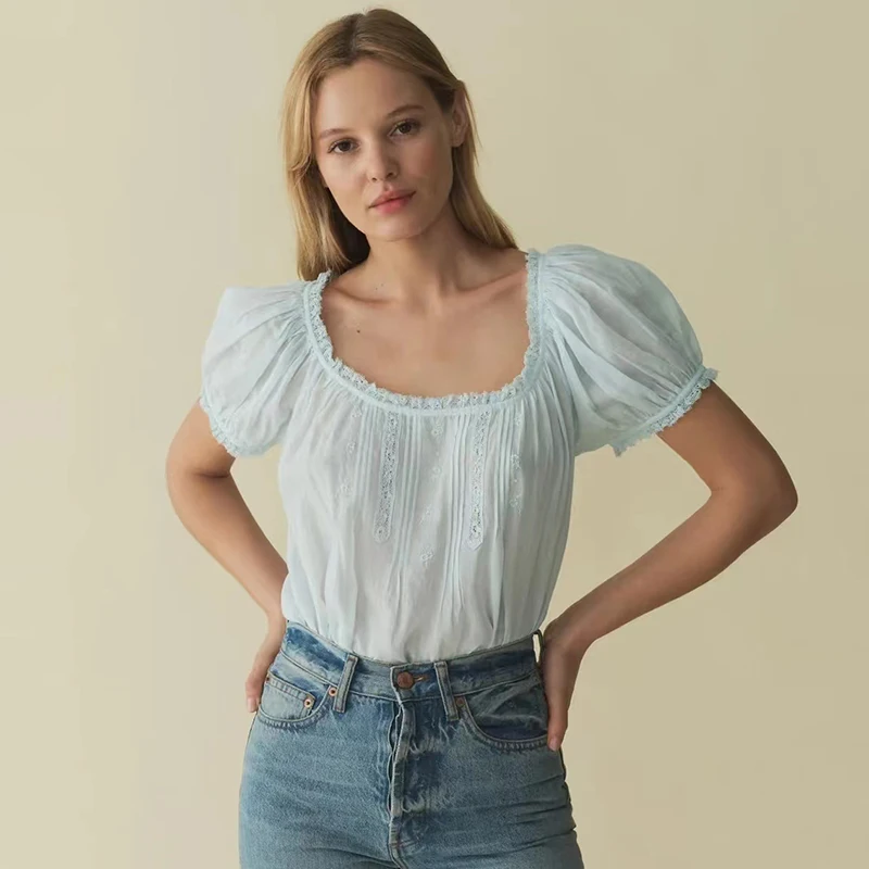 

Lightweight Pure Cotton Bubble Sleeve Short Shirt Low round Neck Top Women's Summer New Style French Style Lace Pure Color