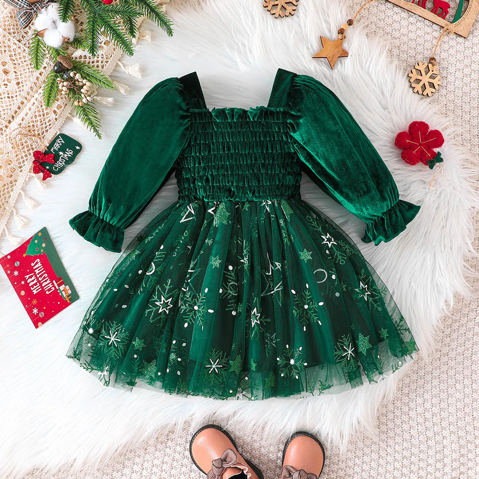 Toddler Children Girls Christmas Long Sleeve Square Neck Mesh Star Prints Dresses Tulle Dress Clothes Birthday Party Dress