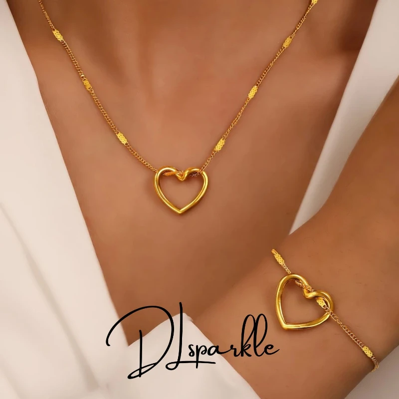 

DLsparkle Hollowed Heart Necklace Bracelet Colorfast Silvery Trend Gold Plated Stainless Steel Jewelry Sets for Women Charm Gift