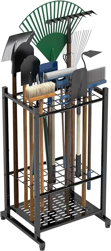 Garden Tool Organizer, Yard Tool Tower Rack for Garage Organization and Storage Up To 35 Long-Handled Tools/Rakes/Brooms Black