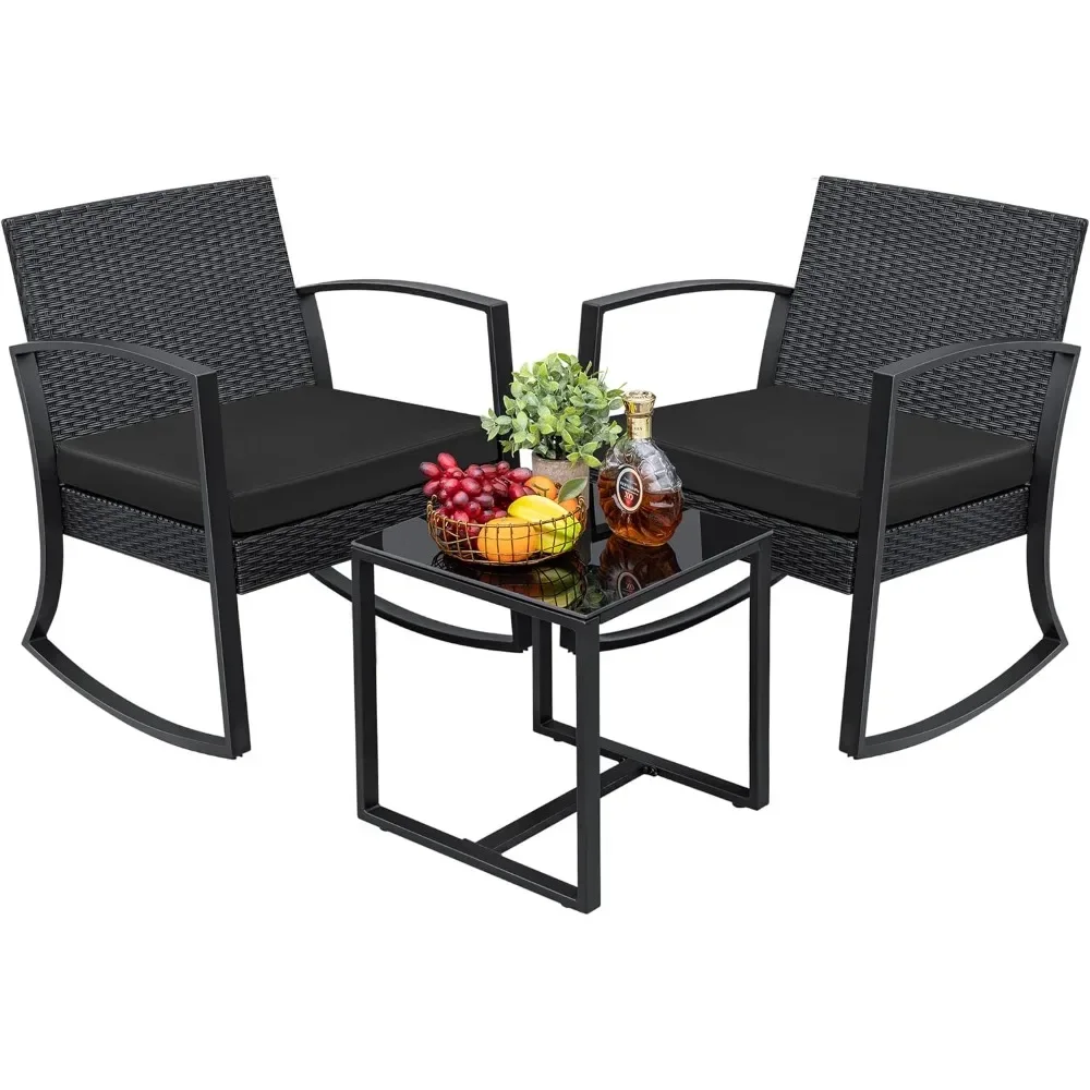3 Pieces Outdoor Furniture Set Patio Bistro Rocking Chairs and Glass Coffee Table